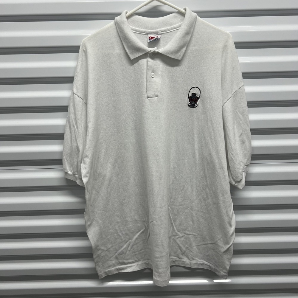 Anvil Vintage Polo Shirt 2X Mens White Embroidered Lantern Made in USA 90s 50/50